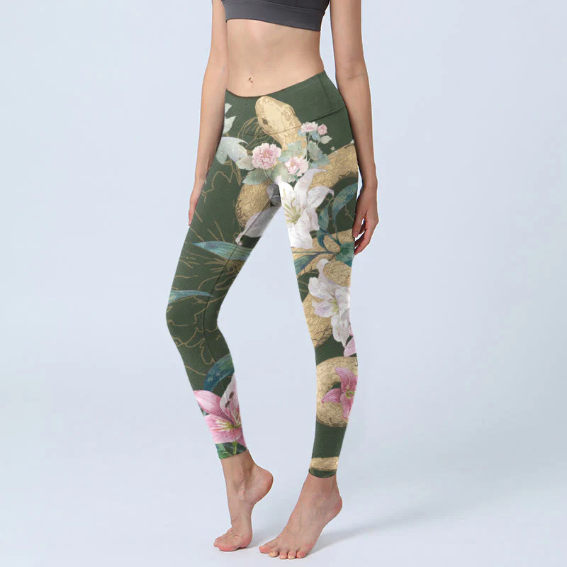 Leggings da palestra con stampa Buddha Stones Green Golden Snake Lily Peony Flowers Pantaloni da yoga da donna