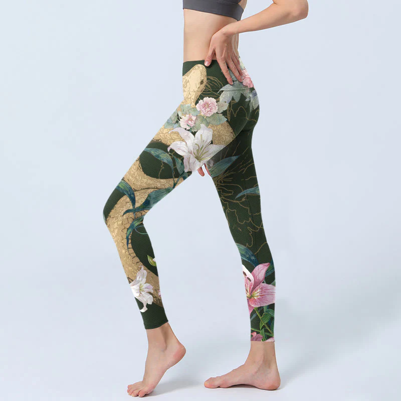 Leggings da palestra con stampa Buddha Stones Green Golden Snake Lily Peony Flowers Pantaloni da yoga da donna - Image 3