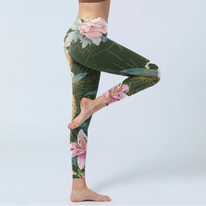 Leggings da palestra con stampa Buddha Stones Green Golden Snake Lily Peony Flowers Pantaloni da yoga da donna - Image 4