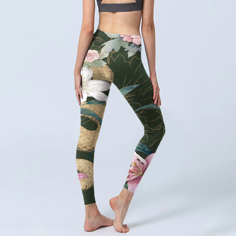 Leggings da palestra con stampa Buddha Stones Green Golden Snake Lily Peony Flowers Pantaloni da yoga da donna - Image 5