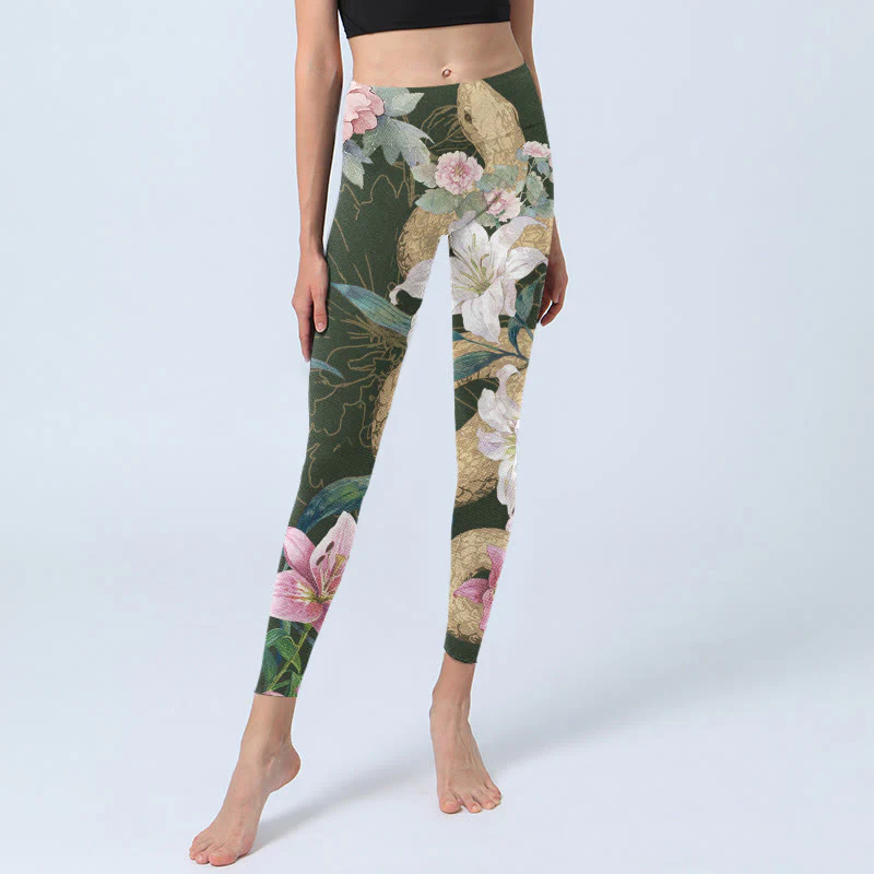 Leggings da palestra con stampa Buddha Stones Green Golden Snake Lily Peony Flowers Pantaloni da yoga da donna - Image 6