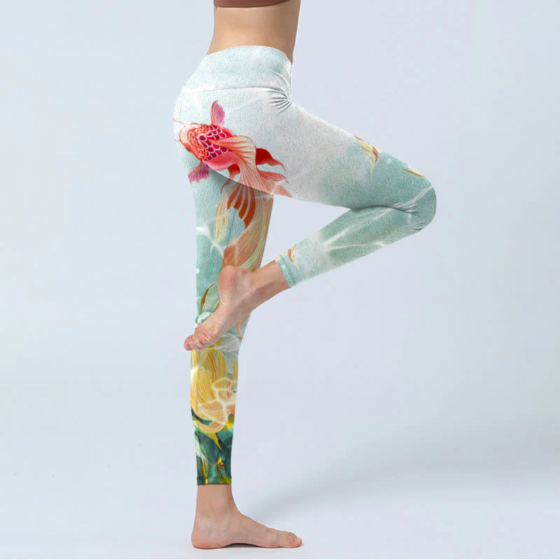 Leggings da palestra con stampa Buddha Stones Green Koi Fish White Lotus Water Ripples Pantaloni da yoga da donna - Image 4