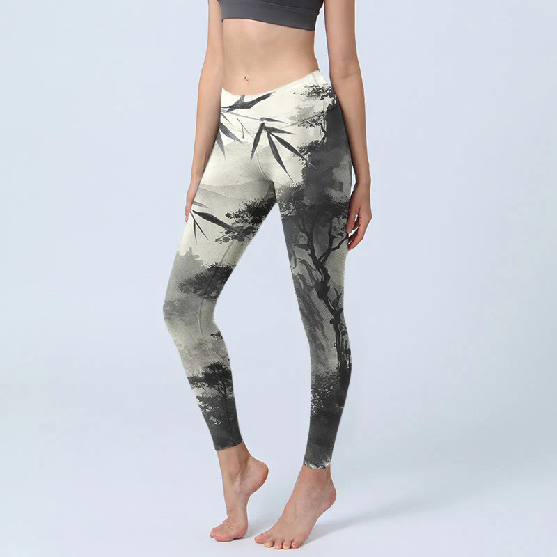 Leggings da palestra con stampa Buddha Stones Ink Bamboo Pine Mountains Pantaloni da yoga da donna