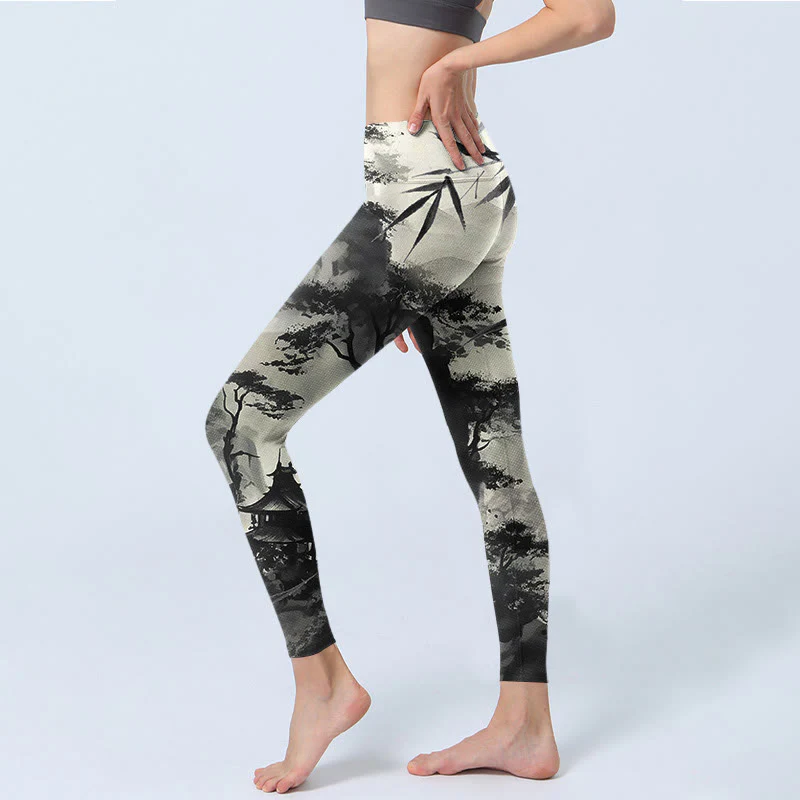Leggings da palestra con stampa Buddha Stones Ink Bamboo Pine Mountains Pantaloni da yoga da donna - Image 3