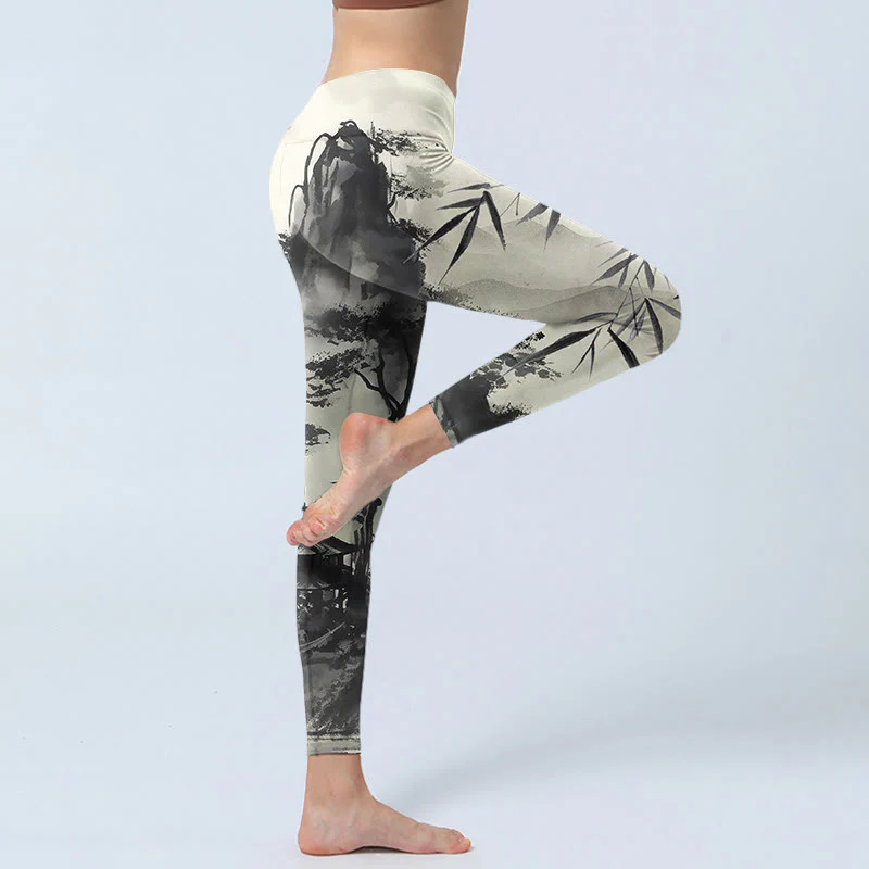 Leggings da palestra con stampa Buddha Stones Ink Bamboo Pine Mountains Pantaloni da yoga da donna - Image 4
