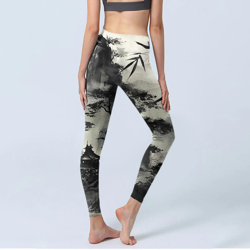 Leggings da palestra con stampa Buddha Stones Ink Bamboo Pine Mountains Pantaloni da yoga da donna - Image 5
