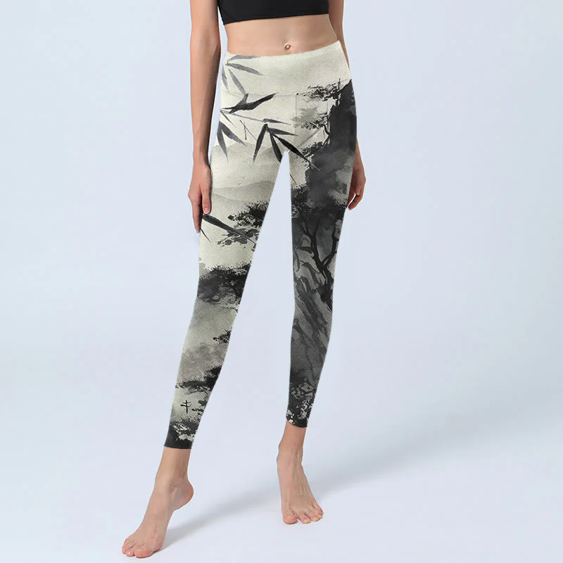 Leggings da palestra con stampa Buddha Stones Ink Bamboo Pine Mountains Pantaloni da yoga da donna - Image 6