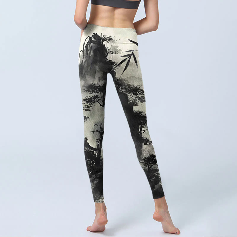 Leggings da palestra con stampa Buddha Stones Ink Bamboo Pine Mountains Pantaloni da yoga da donna - Image 7