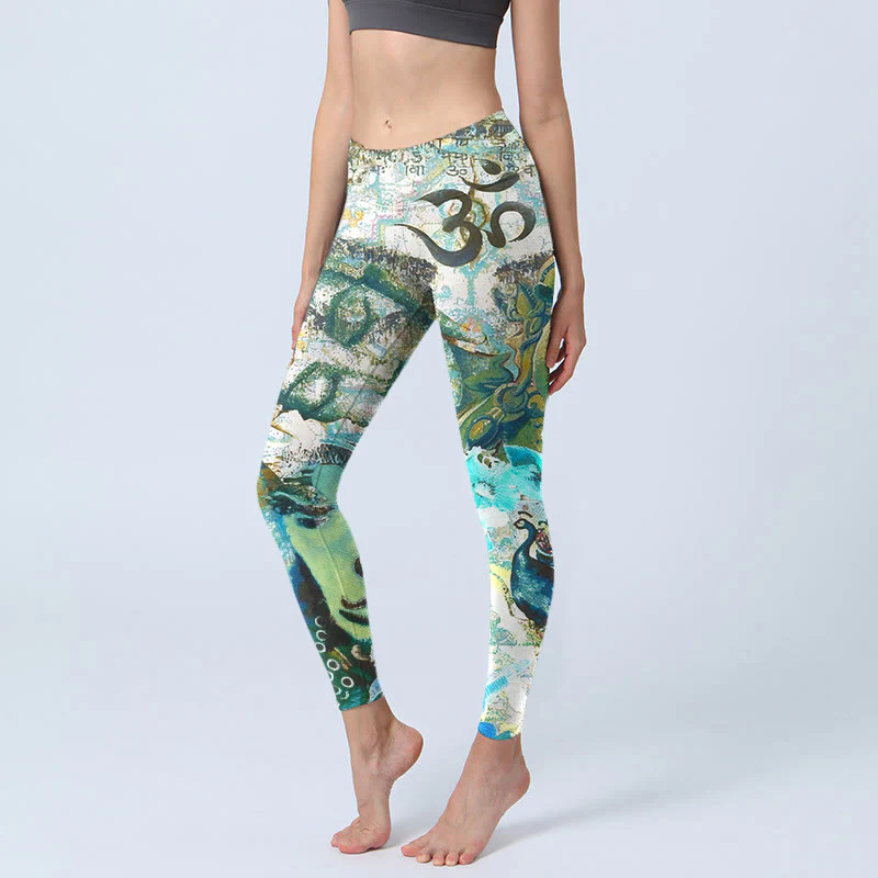 Leggings da palestra con stampa Buddha Stones, simbolo Om, figura umana, pavone e motivo di loto, pantaloni da yoga da donna