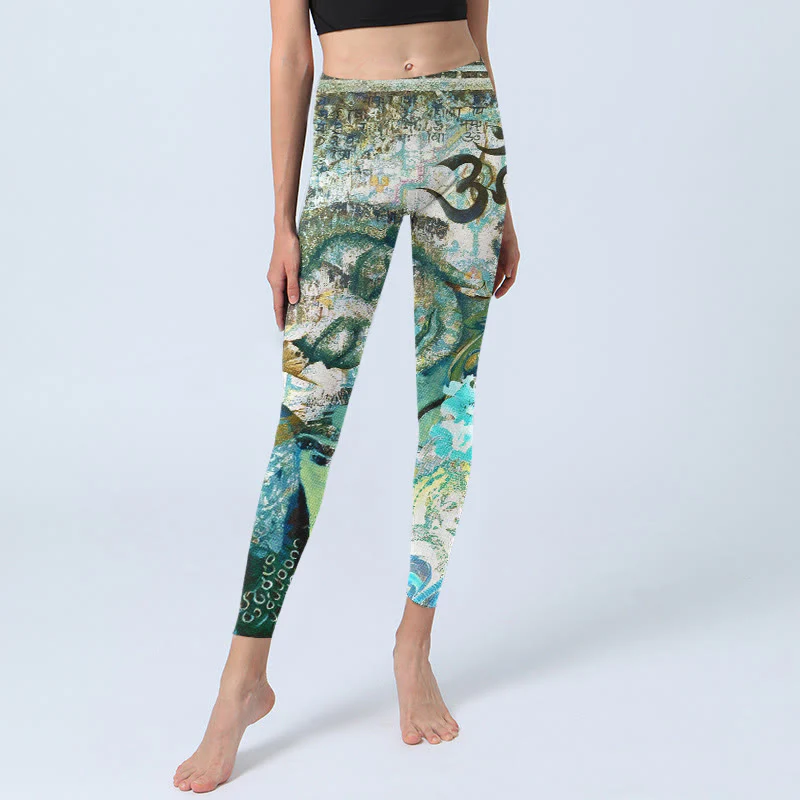 Leggings da palestra con stampa Buddha Stones, simbolo Om, figura umana, pavone e motivo di loto, pantaloni da yoga da donna - Image 6