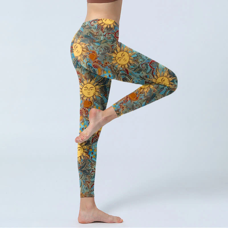Leggings da palestra con stampa del motivo del sole personificato dorato Buddha Stones, pantaloni da yoga da donna - Image 4