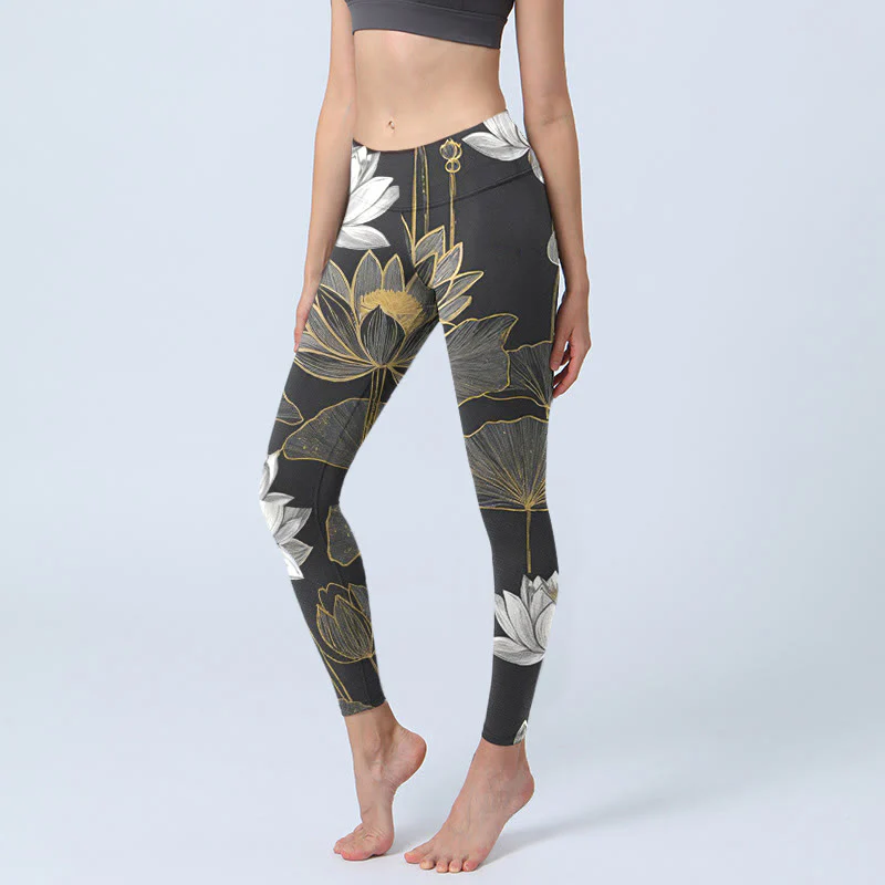 Leggings da palestra con stampa di Buddha Stones di loto dorate e bianche, pantaloni da yoga da donna