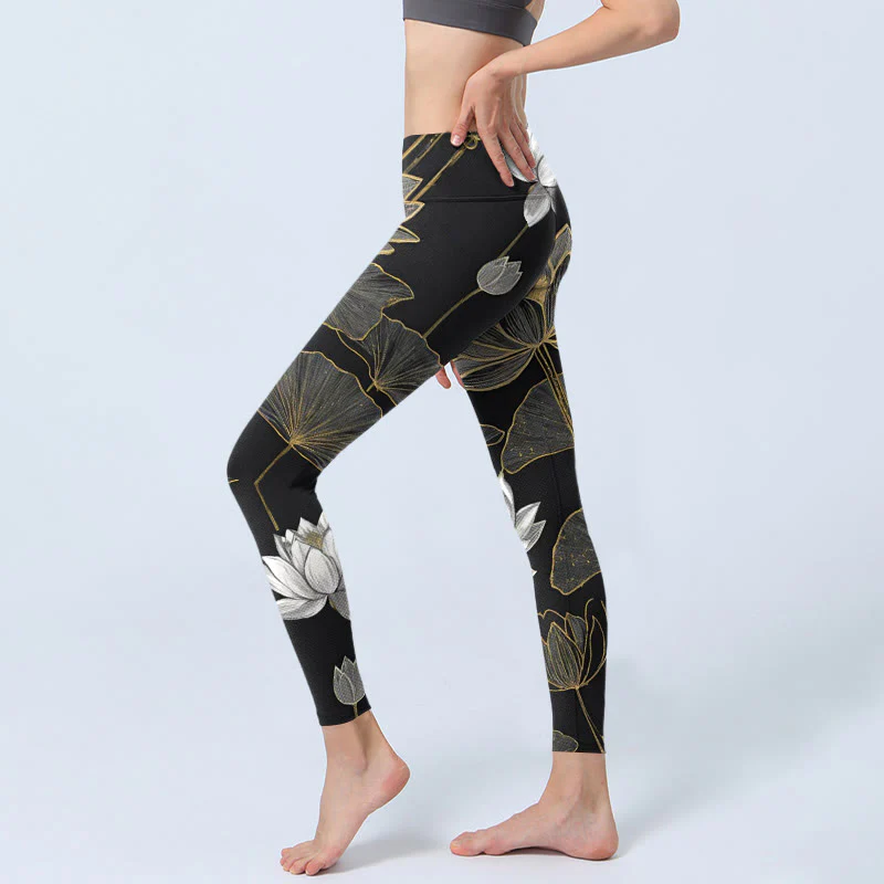Leggings da palestra con stampa di Buddha Stones di loto dorate e bianche, pantaloni da yoga da donna - Image 3