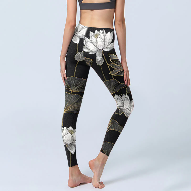 Leggings da palestra con stampa di Buddha Stones di loto dorate e bianche, pantaloni da yoga da donna - Image 5