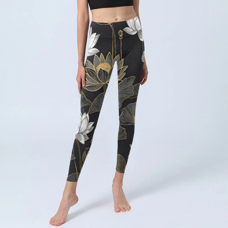 Leggings da palestra con stampa di Buddha Stones di loto dorate e bianche, pantaloni da yoga da donna - Image 6