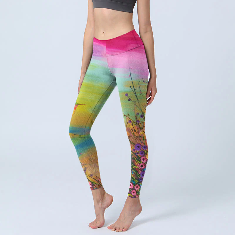 Leggings da palestra con stampa di Buddha Stones , fiori e uccelli, pantaloni da yoga da donna