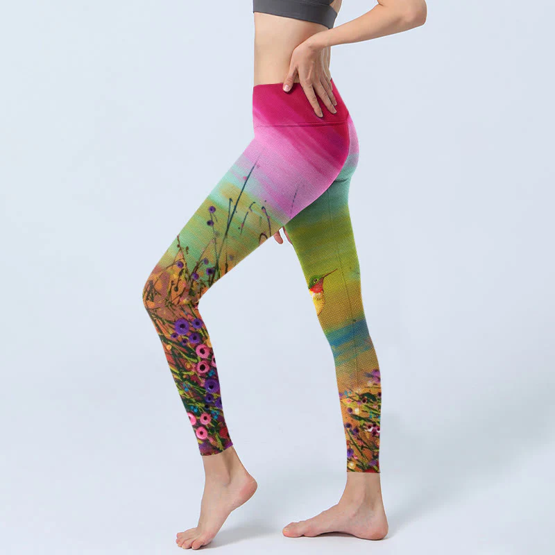 Leggings da palestra con stampa di Buddha Stones , fiori e uccelli, pantaloni da yoga da donna - Image 3