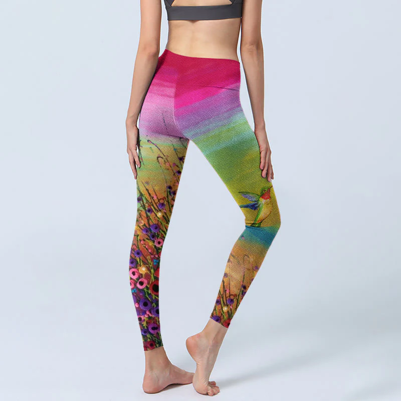 Leggings da palestra con stampa di Buddha Stones , fiori e uccelli, pantaloni da yoga da donna - Image 4
