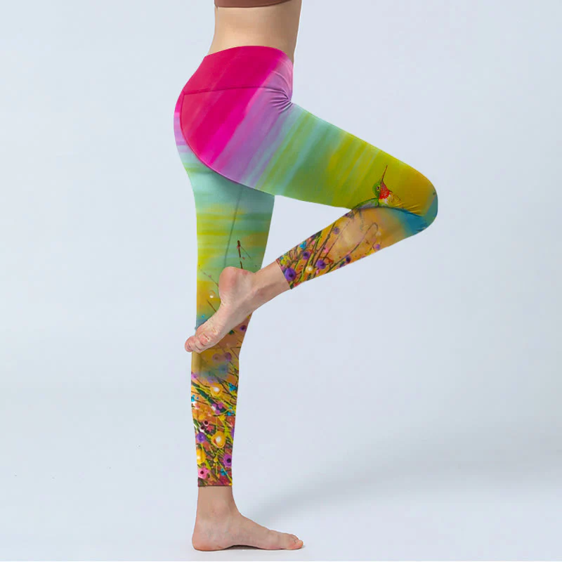 Leggings da palestra con stampa di Buddha Stones , fiori e uccelli, pantaloni da yoga da donna - Image 5