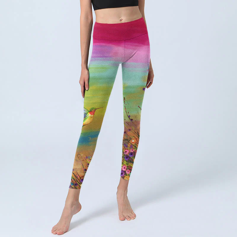 Leggings da palestra con stampa di Buddha Stones , fiori e uccelli, pantaloni da yoga da donna - Image 6