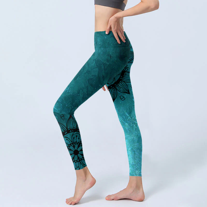 Leggings da palestra con stampa di Buddha Stones Green Sunflowers Blossoms, pantaloni da yoga da donna - Image 3