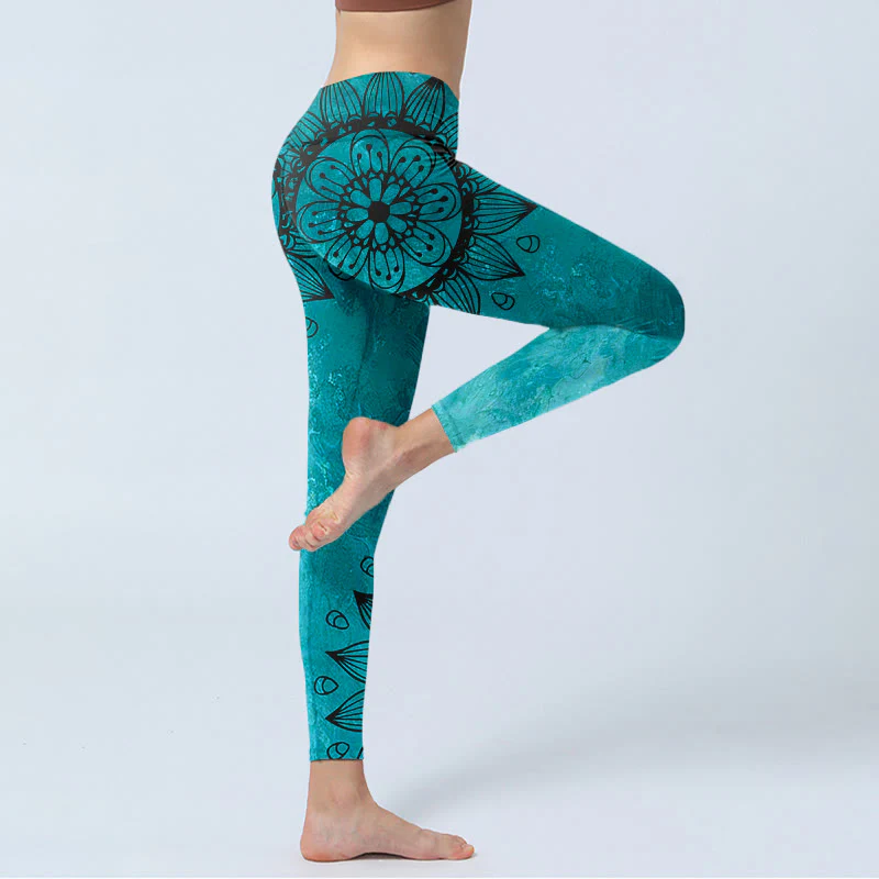 Leggings da palestra con stampa di Buddha Stones Green Sunflowers Blossoms, pantaloni da yoga da donna - Image 4