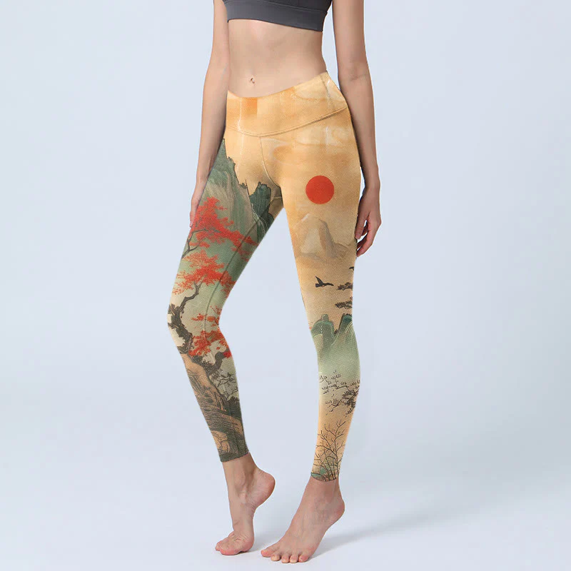 Leggings da palestra con stampa di Buddha Stones, montagne, alberi, sole nascente, pantaloni da yoga da donna