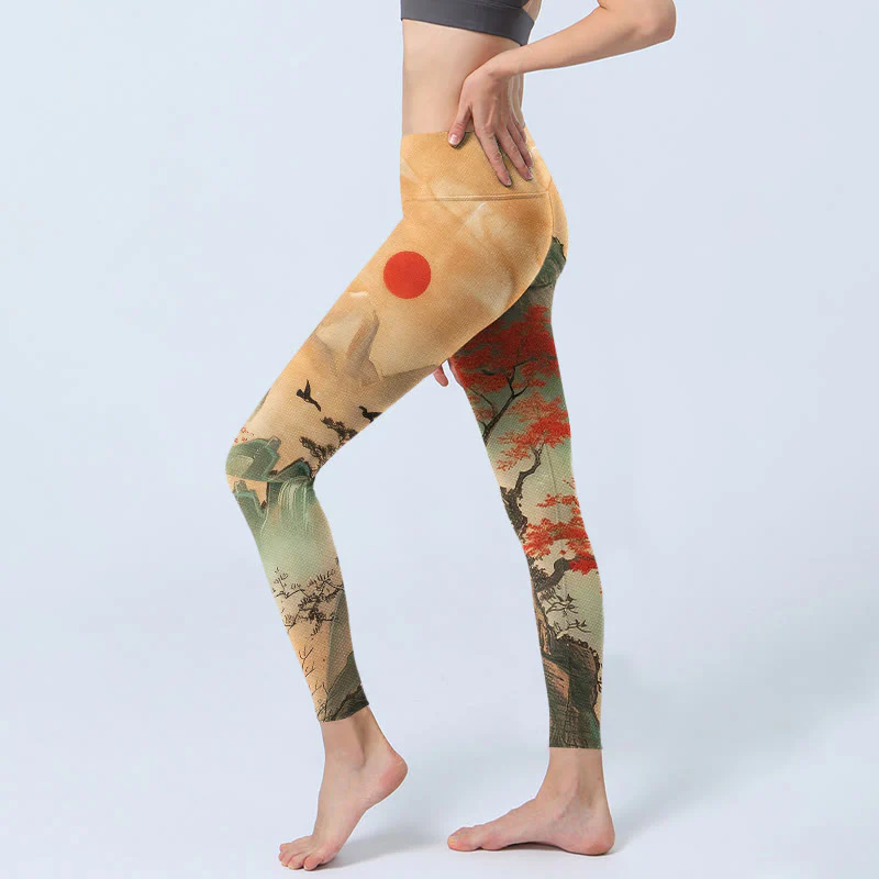 Leggings da palestra con stampa di Buddha Stones, montagne, alberi, sole nascente, pantaloni da yoga da donna - Image 3