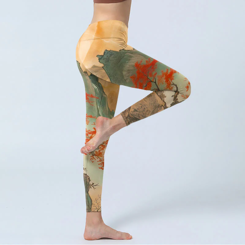 Leggings da palestra con stampa di Buddha Stones, montagne, alberi, sole nascente, pantaloni da yoga da donna - Image 5