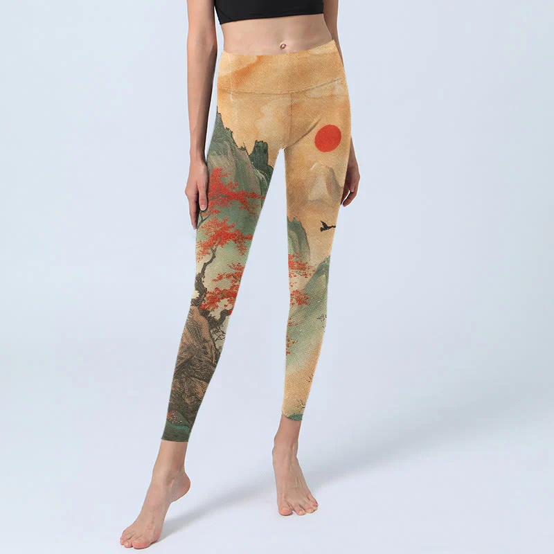 Leggings da palestra con stampa di Buddha Stones, montagne, alberi, sole nascente, pantaloni da yoga da donna - Image 6