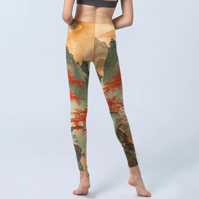 Leggings da palestra con stampa di Buddha Stones, montagne, alberi, sole nascente, pantaloni da yoga da donna - Image 7