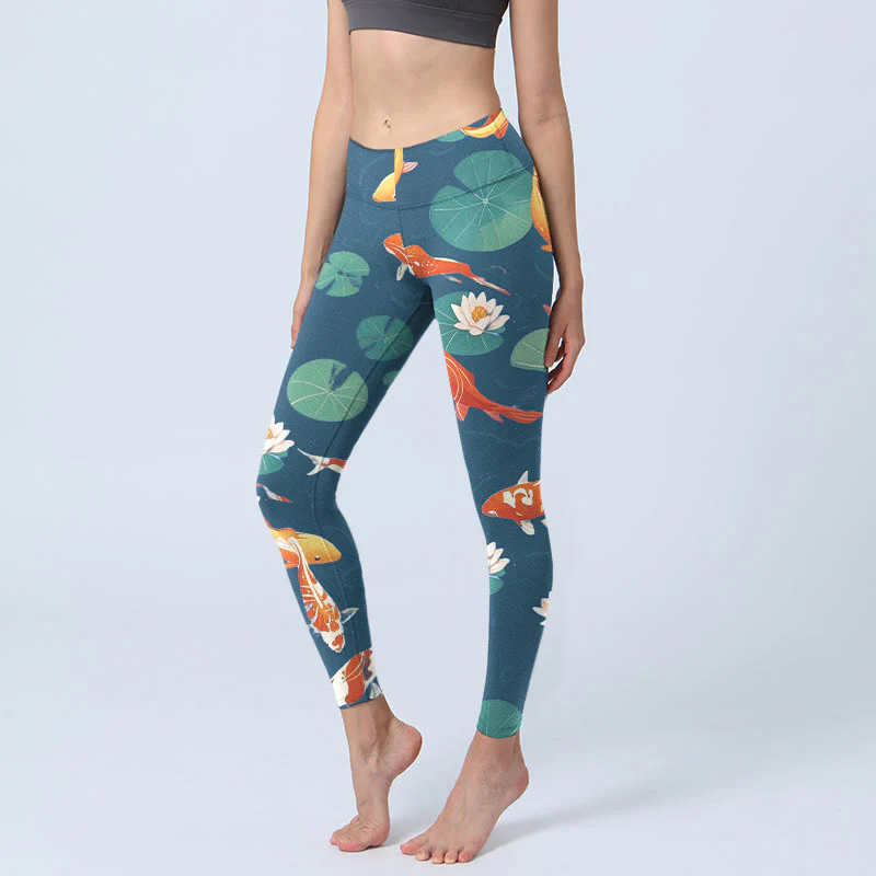 Leggings da palestra con stampa di Buddha Stones, pesce koi, fiore di loto, foglie di loto, pantaloni da yoga da donna