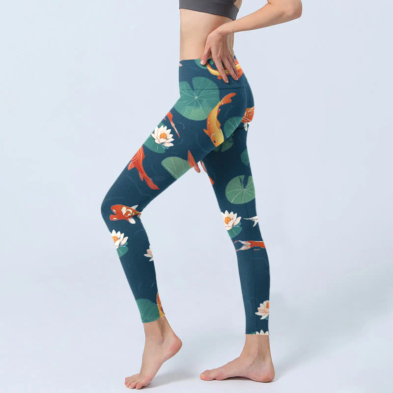 Leggings da palestra con stampa di Buddha Stones, pesce koi, fiore di loto, foglie di loto, pantaloni da yoga da donna - Image 3