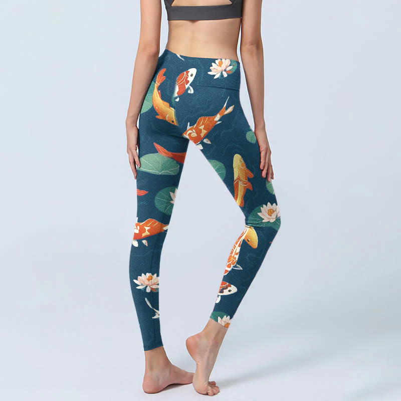 Leggings da palestra con stampa di Buddha Stones, pesce koi, fiore di loto, foglie di loto, pantaloni da yoga da donna - Image 4