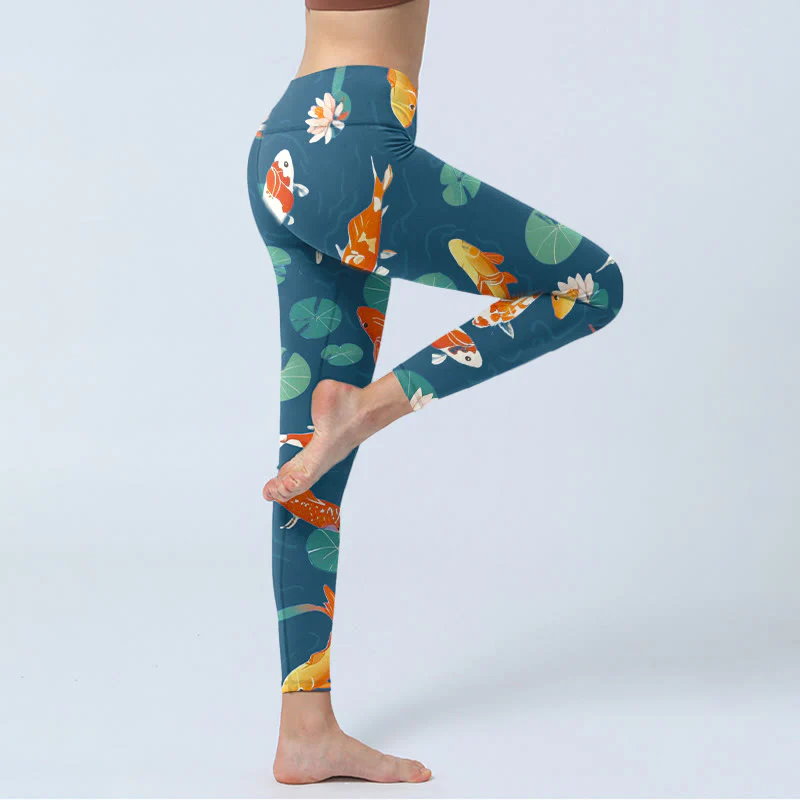 Leggings da palestra con stampa di Buddha Stones, pesce koi, fiore di loto, foglie di loto, pantaloni da yoga da donna - Image 5