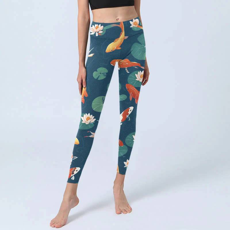 Leggings da palestra con stampa di Buddha Stones, pesce koi, fiore di loto, foglie di loto, pantaloni da yoga da donna - Image 6