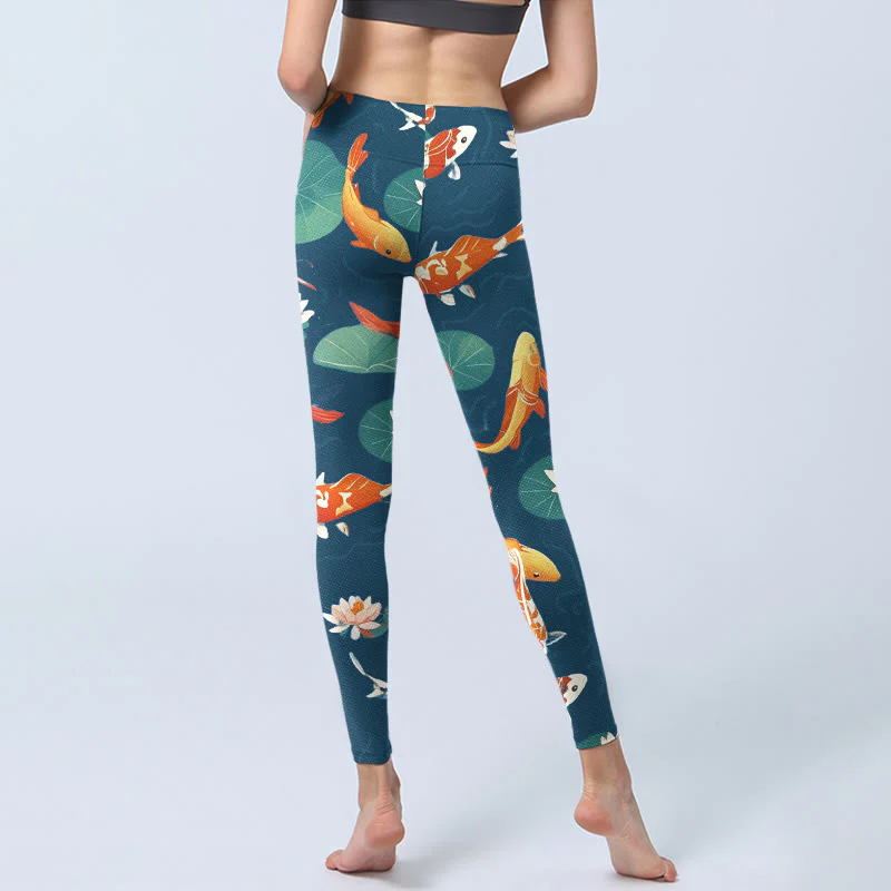 Leggings da palestra con stampa di Buddha Stones, pesce koi, fiore di loto, foglie di loto, pantaloni da yoga da donna - Image 7