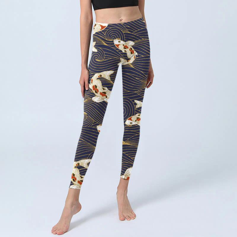 Leggings da palestra con stampa di Buddha Stones, pesce koi rosso bianco e onde dell'oceano, pantaloni da yoga da donna - Image 2