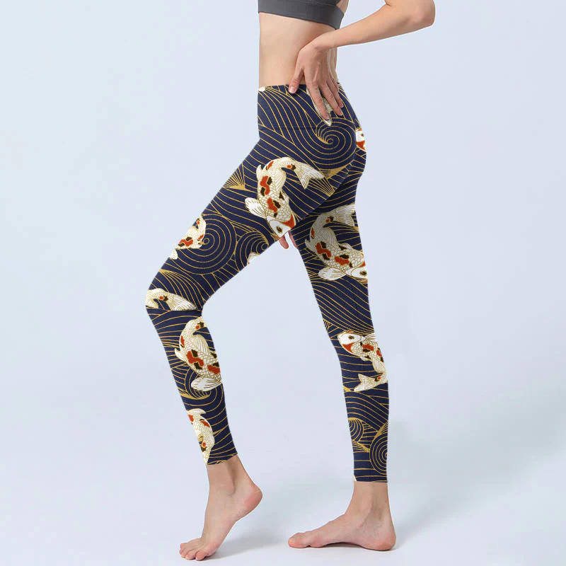 Leggings da palestra con stampa di Buddha Stones, pesce koi rosso bianco e onde dell'oceano, pantaloni da yoga da donna - Image 3