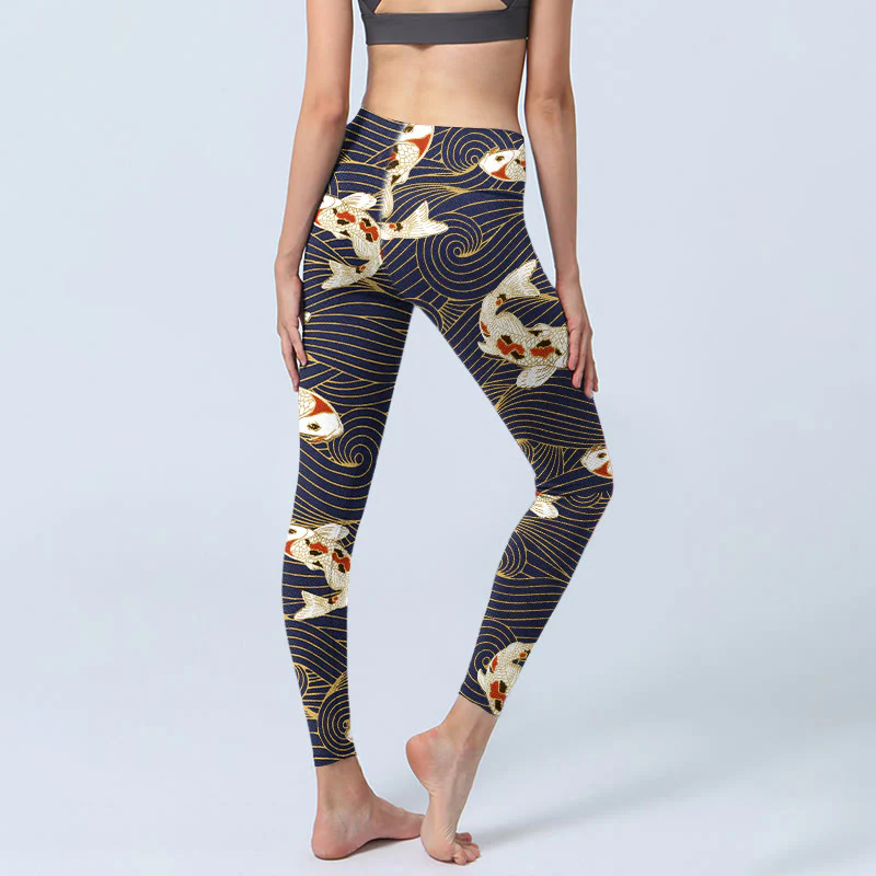 Leggings da palestra con stampa di Buddha Stones, pesce koi rosso bianco e onde dell'oceano, pantaloni da yoga da donna - Image 4
