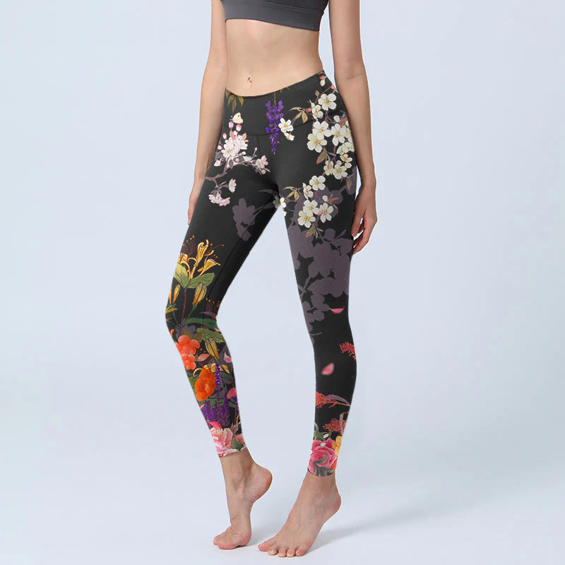 Leggings da palestra con stampa di fiori colorati neri Buddha Stones da donna Pantaloni da yoga