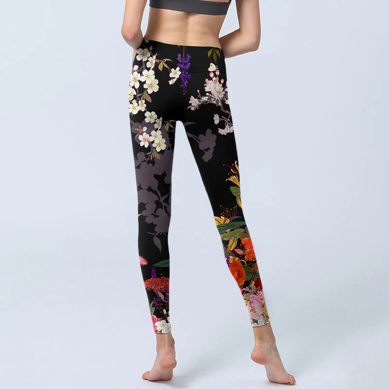 Leggings da palestra con stampa di fiori colorati neri Buddha Stones da donna Pantaloni da yoga - Image 7