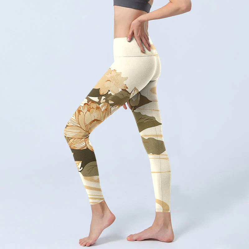 Leggings da palestra con stampa di fiori di loto beige Buddha Stones, pantaloni da yoga da donna - Image 3