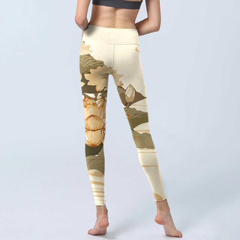 Leggings da palestra con stampa di fiori di loto beige Buddha Stones, pantaloni da yoga da donna - Image 7