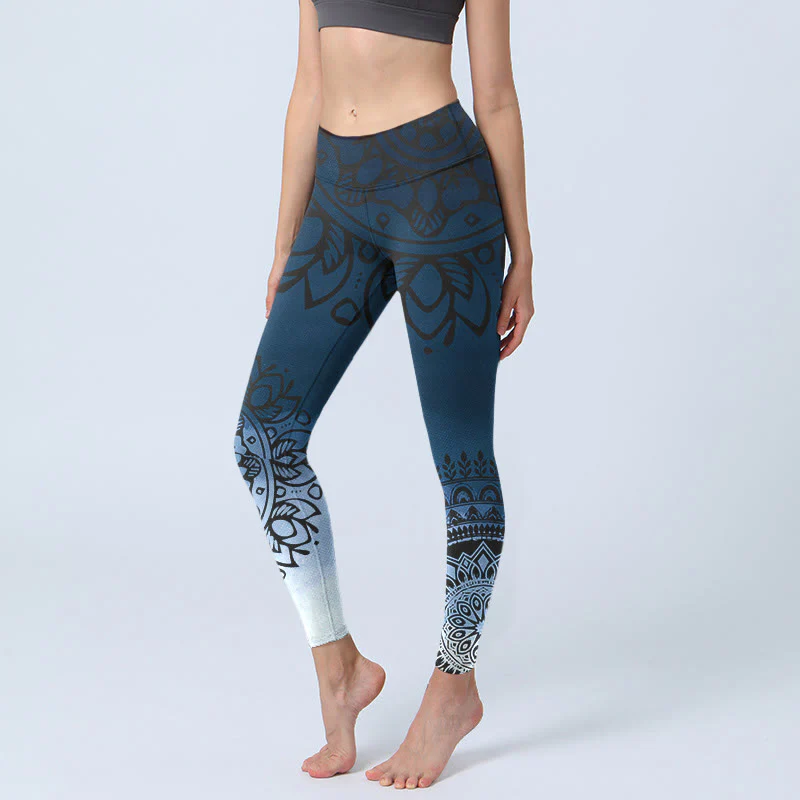 Leggings da palestra con stampa di fiori e mandala circolari con Buddha Stones, pantaloni da yoga da donna