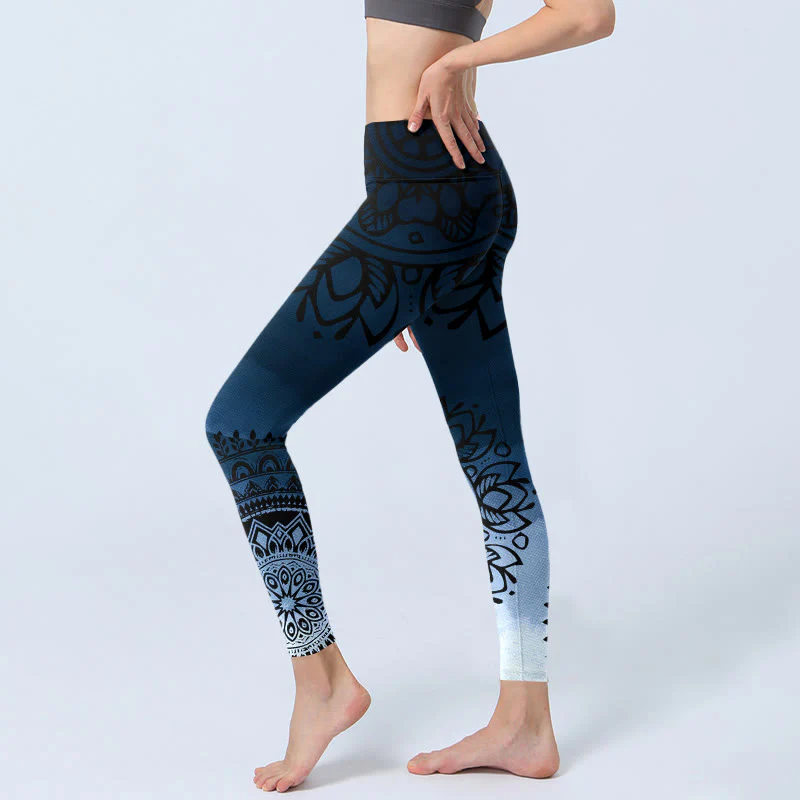 Leggings da palestra con stampa di fiori e mandala circolari con Buddha Stones, pantaloni da yoga da donna - Image 3