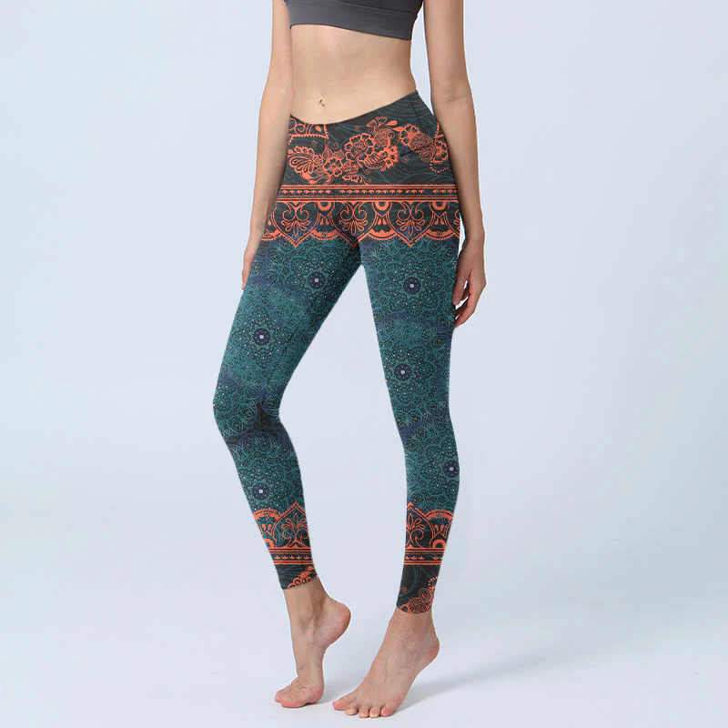 Leggings da palestra con stampa di fiori e mandala verde Buddha Stones, pantaloni da yoga da donna