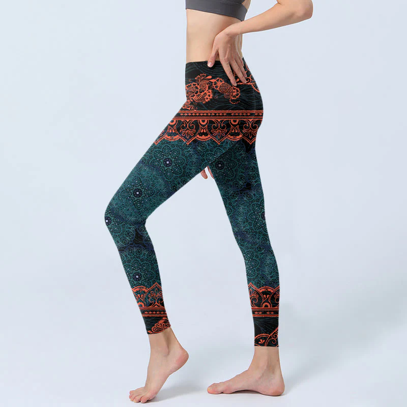 Leggings da palestra con stampa di fiori e mandala verde Buddha Stones, pantaloni da yoga da donna - Image 3