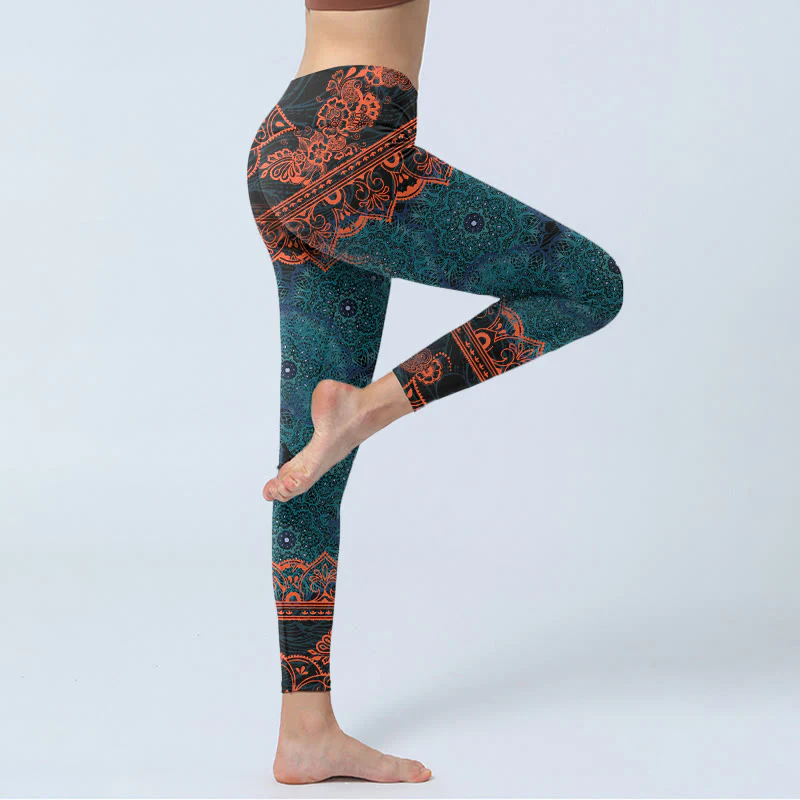 Leggings da palestra con stampa di fiori e mandala verde Buddha Stones, pantaloni da yoga da donna - Image 4
