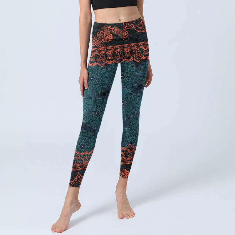 Leggings da palestra con stampa di fiori e mandala verde Buddha Stones, pantaloni da yoga da donna - Image 6